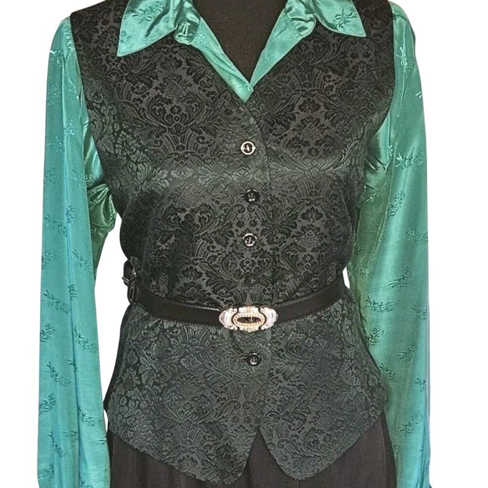 Cottagecore Goblin Vtg JH Collectibles Emerald Green Vest 16 Brocade Waistcoat